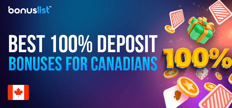 Hundred percent sign, gift box, dice, cards and gold chips for the best 100% deposit bonuses for Canadians