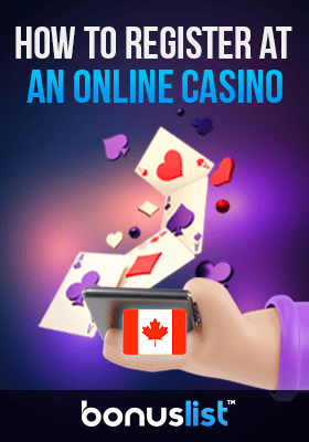 A hand holding a mobile phone with cards and signs from the cards for how to register at an online casino