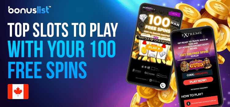 Two mobile phone with casino ads and some gold coins for top slots to play with your 100 free spins