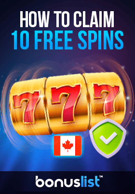 A golden casino reel with a check mark describes how to claim 10 free spins