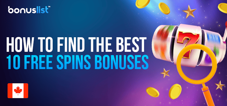 A slot machine with a magnifying glass, some gold coins and stars around it for finding the best 10 free spins bonuses