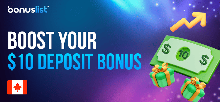 A ten-dollar bill with two gift boxes to boost your 10 deposit bonus