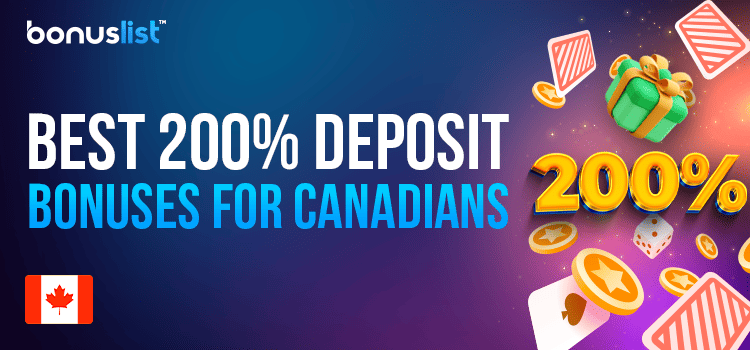 Some playing cards, casino chips, dice and a gift box for 200% deposit bonus for Canadians