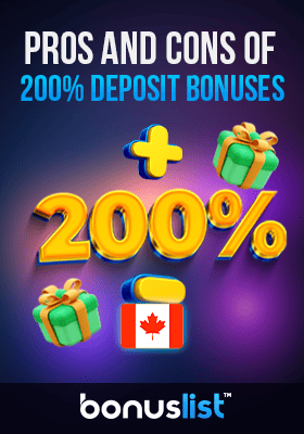 Increase and decrease sign with a 200% bonus logo for pros and cons of 200% deposit bonuses