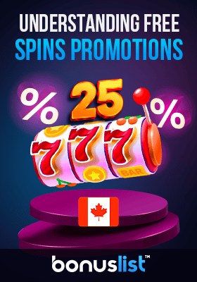 A casino reel on a podium with some discount logos for understanding free spins promotions