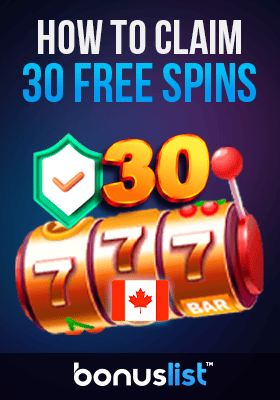 A check mark with a 30 free spin reel for claiming 30 free spins