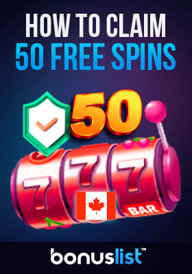 A check mark with a 50 free spin reel for claiming 50 free spins offers