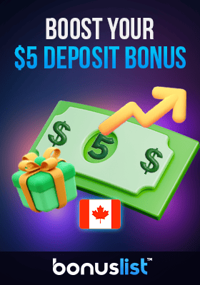 $5 dollar bill, gift bog and growing line for boost your $5 deposit bonus