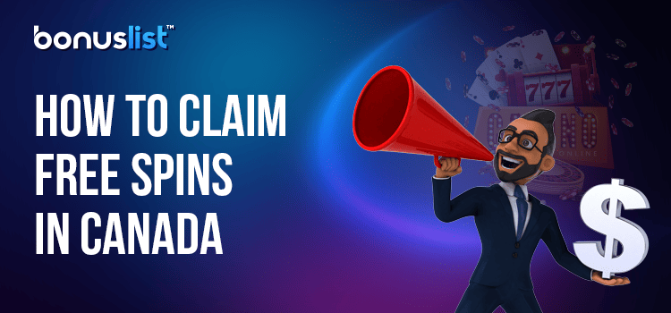 A man is announcing with a hand mike how to claim free spins in Canada