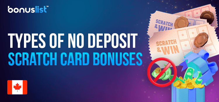 A few scratchcards and a box of cash and coins with a NO sign for different types of no deposit scratchcard bonuses