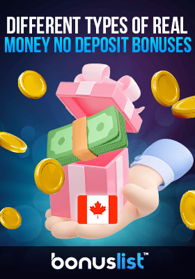 A hand is holding a box with cash and coins for different types of real money no deposit bonuses