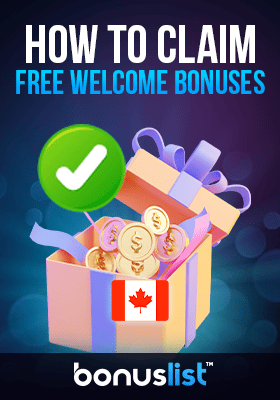 A few gold coins are in a gift box with a check mark for claiming free welcome bonuses