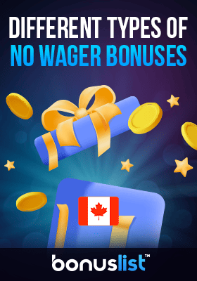 Some gold coins and stars are descending from a gift box for different types of no wager bonuses