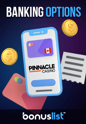 A master card inside a mobile phone with some coins and banking receipts for banking options in Pinnacle Casino