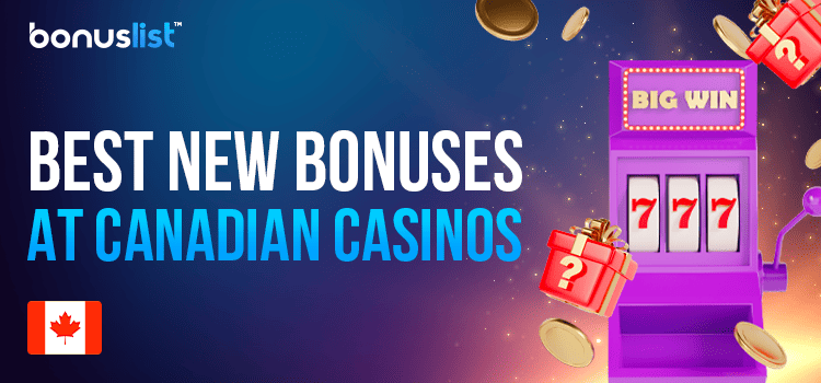 A slot machine with gift boxes and gold coins for the best new bonuses at Canadian casinos