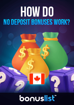 A few money bags and dices with questions marked on them describes how no deposit bonuses work