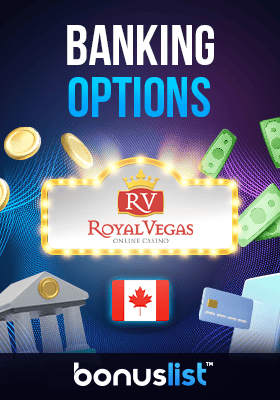 Gold coins, and cash around Royal Vegas logo in company of a Canadian Flag