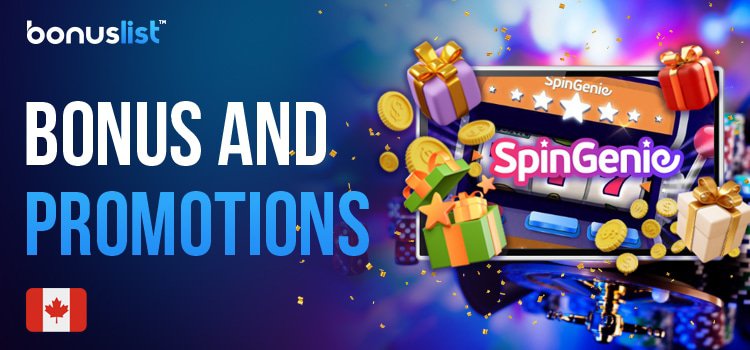 A lot of gift boxes, gold coins, stars and gaming items for different kinds of Bonus and promotions in Spin Genie Casino
