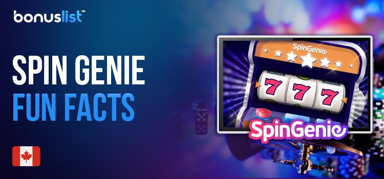 A casino reel machine with a SpinGenie casino logo and different gaming items for some fun facts about Spin Genie