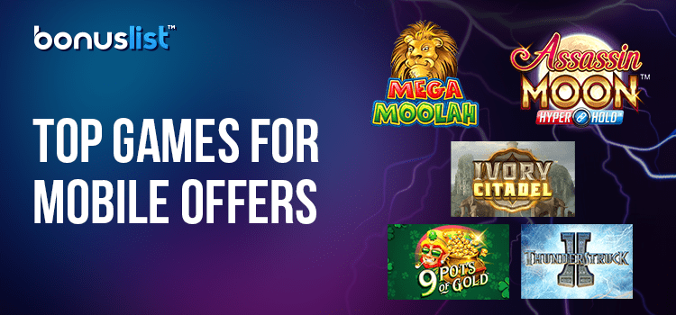 Logos of top mobile casino games in Canada for using no-deposit bonus funds and free spins