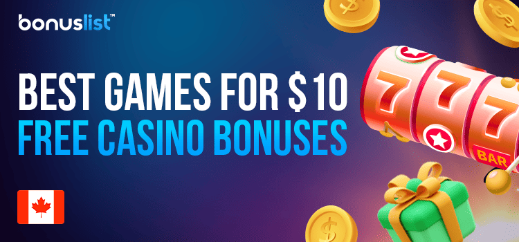 A casino reel and a gift box with some gift coins for the best games to play with $10 free casino bonuses
