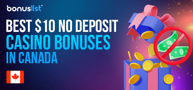 A gift box with cash and coins and a no sign for the best $10 no deposit casino bonuses in Canada