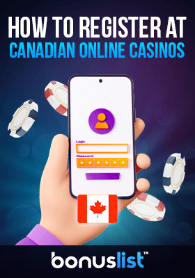 A hand is holding a mobile phone with some casino chips explains how to register at Canadian online casinos