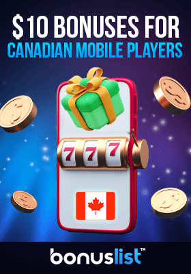 A golden casino reel in a mobile phone with some coins and a gift box for $10 bonuses for Canadian mobile players