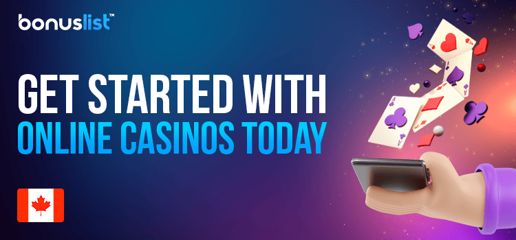 A hand is holding a mobile phone and some playing cards are floating around to get started with online casinos today