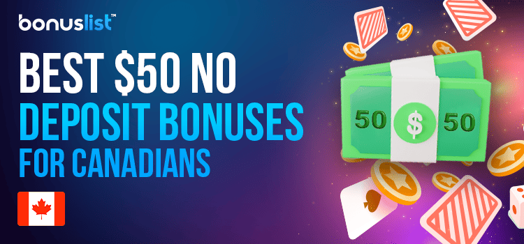 A bundle of cash, some playing cards and casino chips for the best $50 no deposit bonuses for Canadians