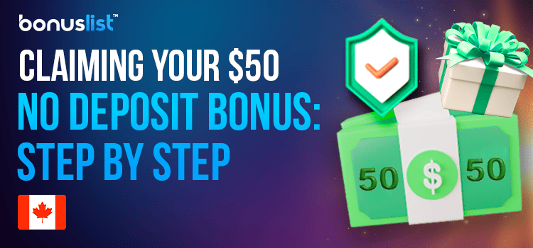 A gift box with a bundle of cash and check mark for claiming your $50 no deposit bonus step-by-step