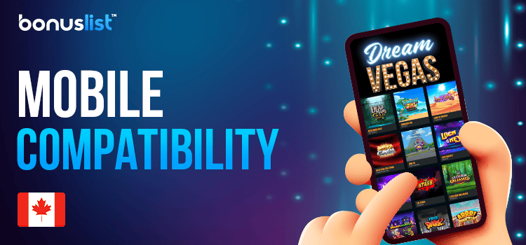 A hand is holding a mobile phone and scrolling games for Dream Vegas mobile compatibility
