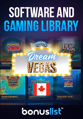 A gaming library page with a Dream Vegas casino logo for software and gaming library