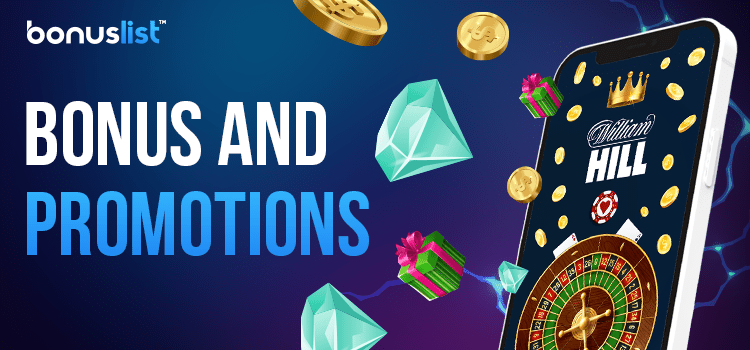 Different bonus and promotions items are coming from a William Hill casino mobile phone app